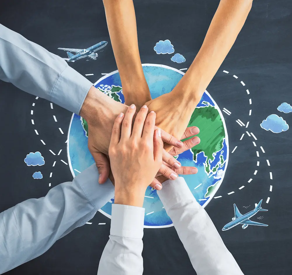 collaborative business team with globe and airplan